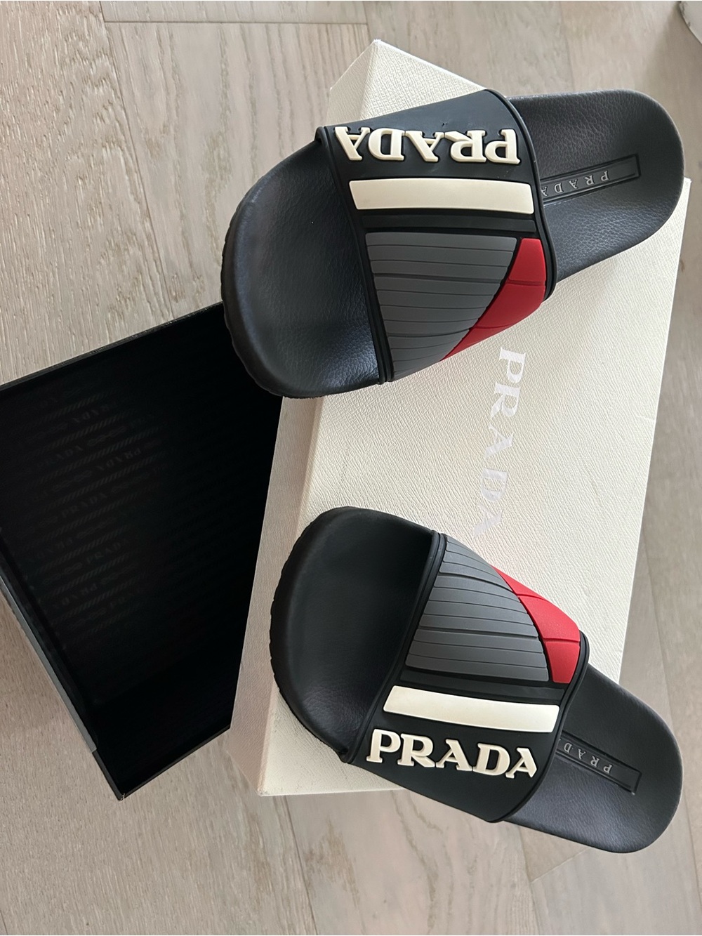 Prada Black Gray Red Logo Slide Sandals size 6 men’s or 8 women’s